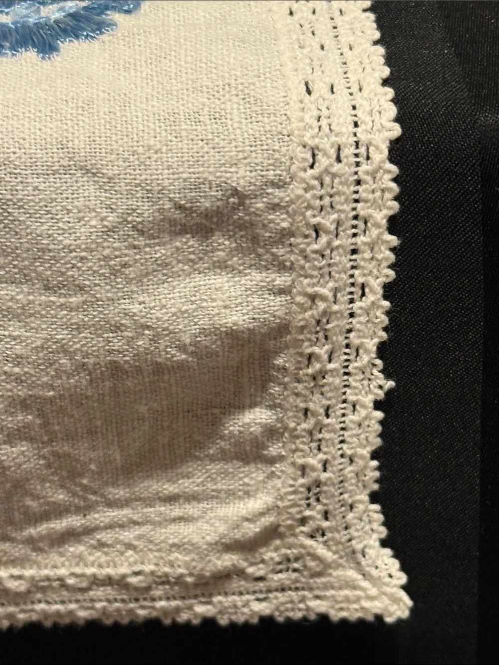 Hand Embroidered Linen Dresser or Table Runner with Blue Rose Motif